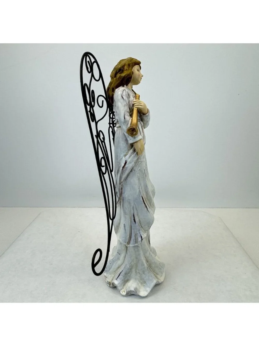 Vintage Rustic White Christmas Angel Figurine With Metal Wings Gold Trumpet 11" - Picture 5 of 10